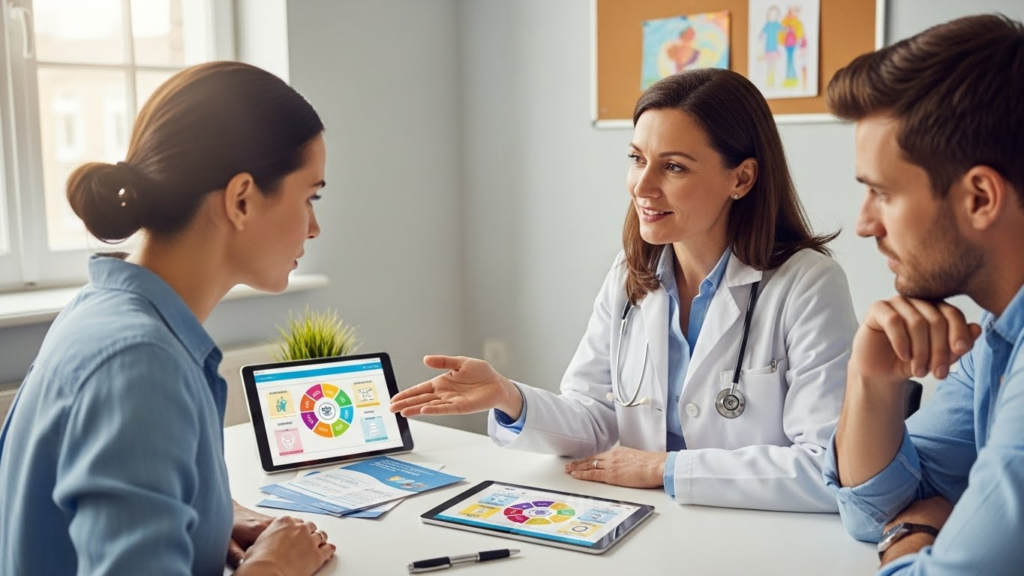 Parents discussing childhood immunizations with pediatrician