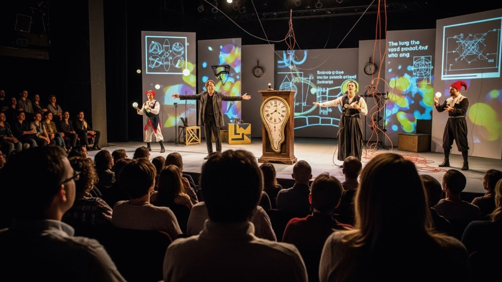 A theatre audience watching a live performance inspired by Tom Stoppard’s radical ideas.